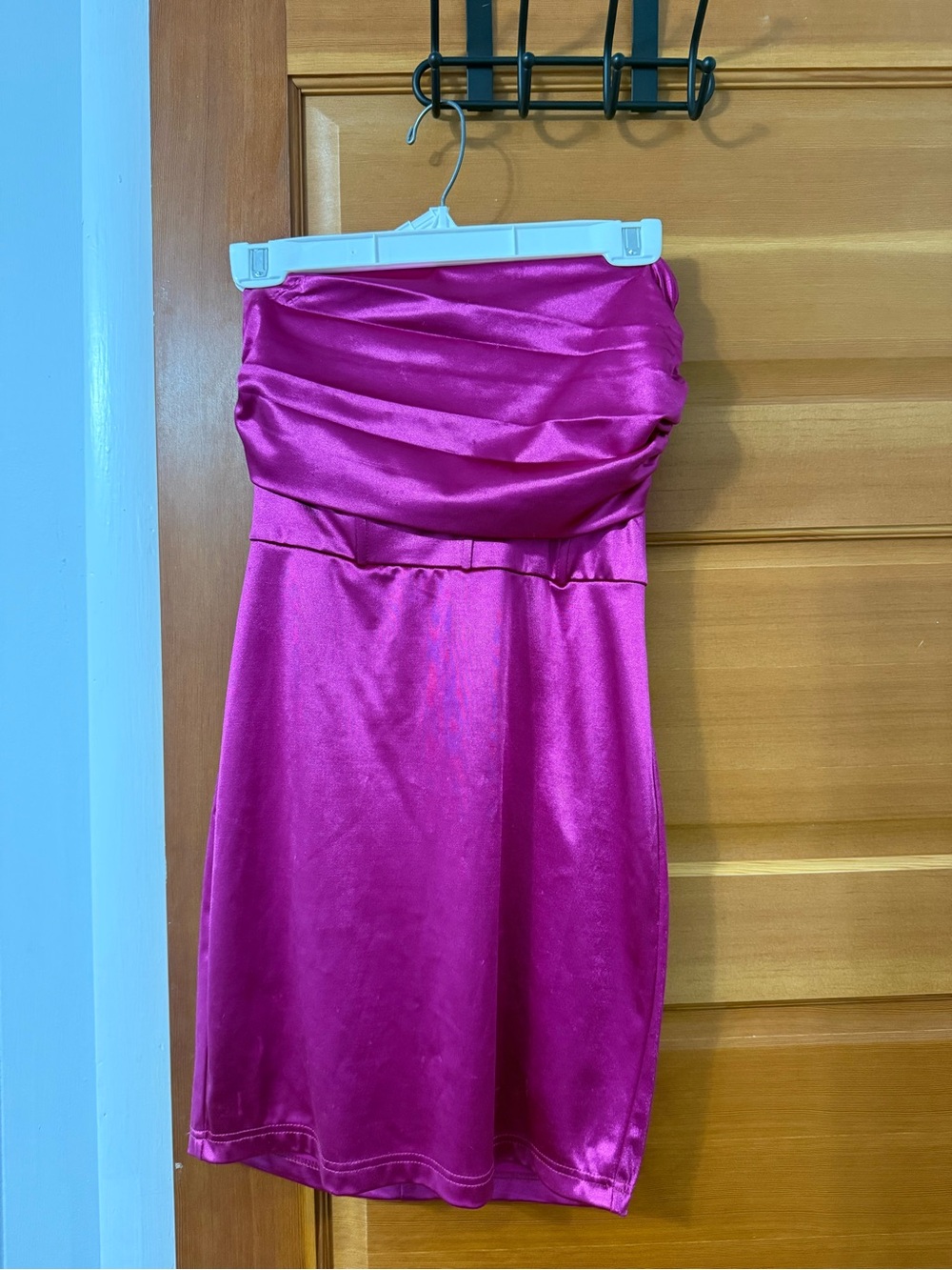 Blue Blush Strapless Satin Mini Dress in Hot Pink